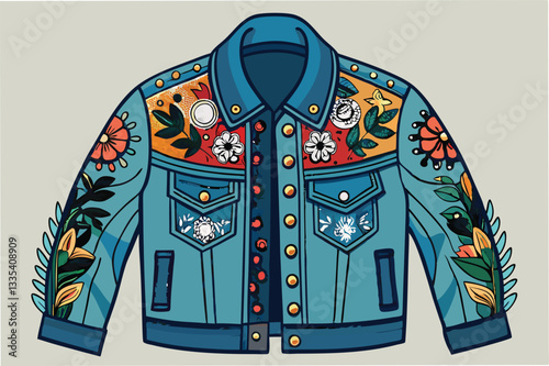 Intricate vector illustration of a floral embroidered denim jacket showcasing vibrant colors and detailed patterns