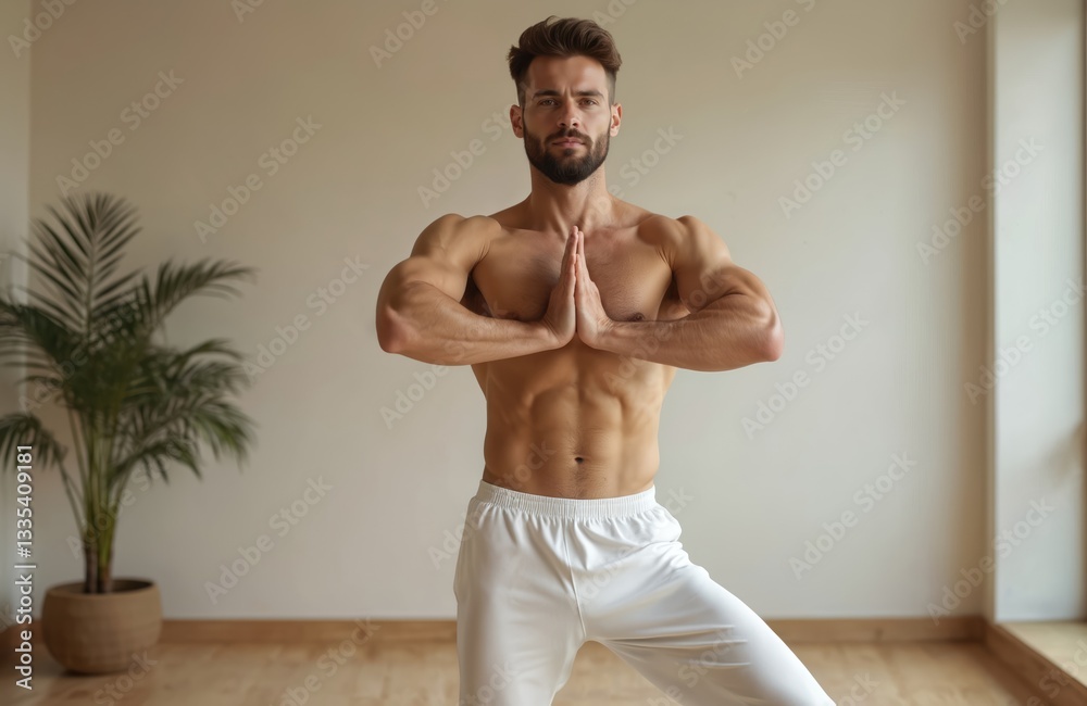 Athletic man with bare torso performs yoga asana with hands connected at the chest in fitness room. Palms connected. Bearded european adult guy posing. Healthy lifestyle concept. Home interior. Athletic man with bare torso performs yoga asana with hands connected at the chest in fitness room. Palms connected. Bearded european adult guy posing. Healthy lifestyle concept. Home interior.