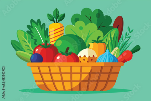 Colorful vector illustration of a rustic basket filled with fresh fruits and vegetables against a light blue background