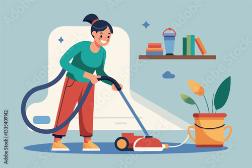 Woman using vacuum cleaner in a stylish home interior, enhancing cleanliness and comfort during daytime