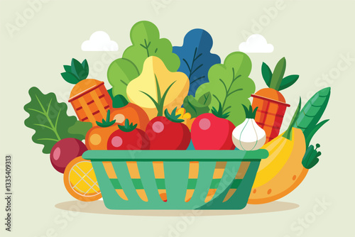 Colorful vector illustration of a rustic basket filled with fresh fruits and vegetables against a light blue background