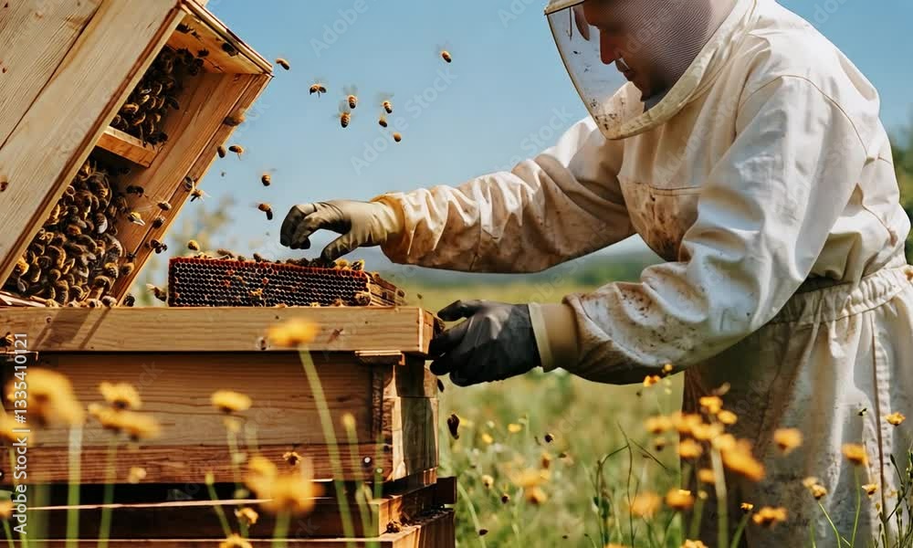 Beekeeper tending to hives in a vibrant field of flowers, surrounded by buzzing bees under a clear sky