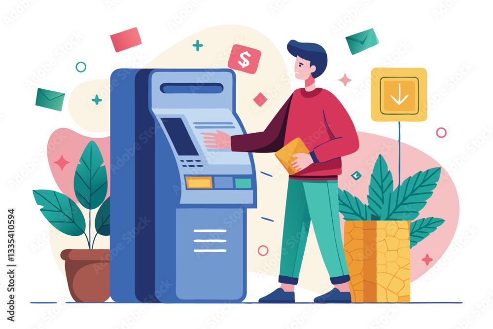 Modern bank transaction illustration featuring a user interacting with an automated teller machine in a vibrant, stylized environment Modern bank transaction illustration featuring a user interacting with an automated teller machine in a vibrant, stylized environment