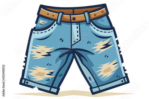 Stylish denim shorts vector illustration featuring distressed details and a belt in a casual design suitable for summer fashion promotions