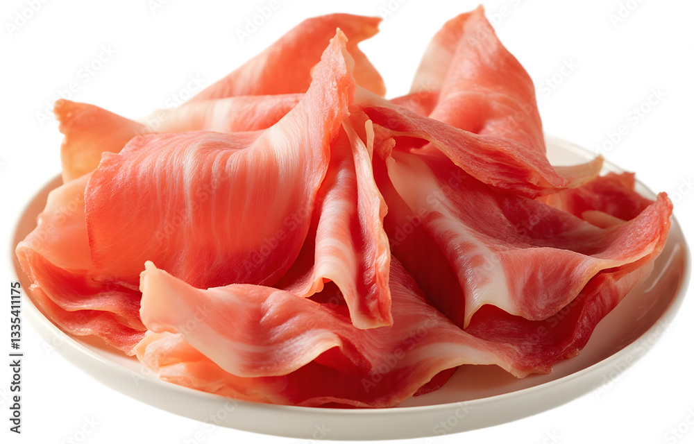 A plate with several slices of fresh ham