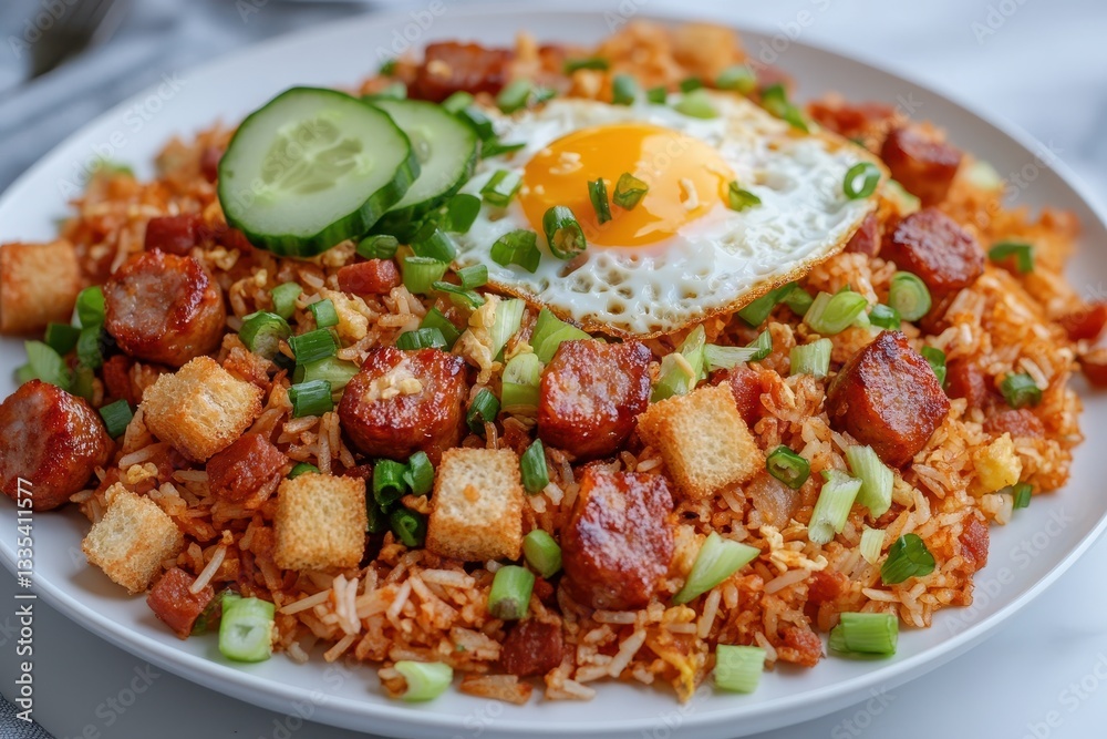 Thai fried rice with a fried egg cucumber sausage green onions and croutons on a white plate Thai fried rice with a fried egg cucumber sausage green onions and croutons on a white plate