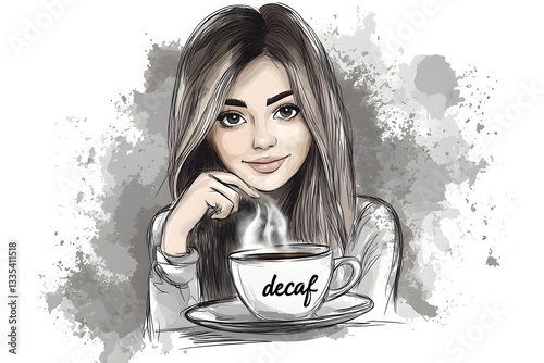 Woman is holding a cup of decaf coffee. She is smiling and looking at the camera photo