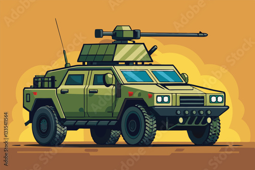Modern military tank illustration featuring a detailed vector design in green camouflage on a dynamic background
