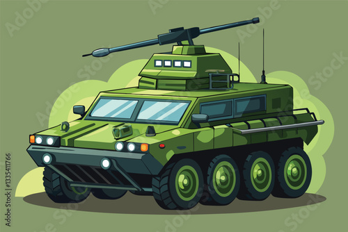 Modern military tank illustration featuring a detailed vector design in green camouflage on a dynamic background