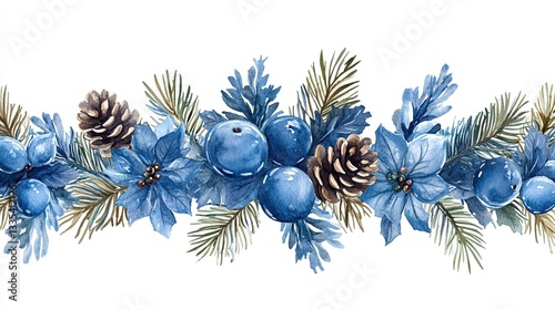 Winter border with festive, delicate, blue and brown elements