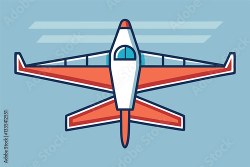 Stylized vector illustration of a small private airplane with a distinctive orange and blue design, hovering against a neutral background