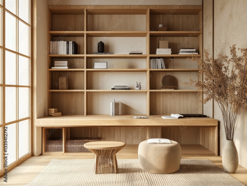 Fototapeta premium A modern living space with built in shelves and minimal decor