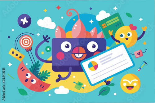 Creative vector illustration featuring a playful logo design with bright colors, engaging elements, and a whimsical character in a vibrant background