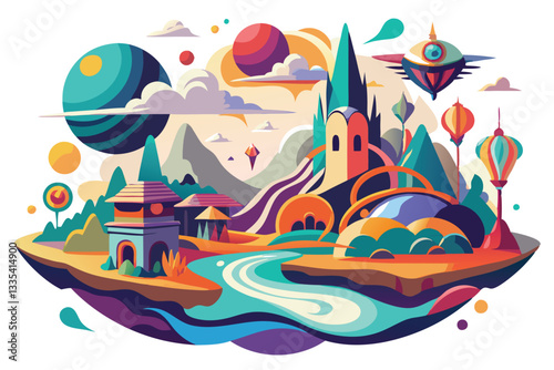 Colorful surreal landscape with whimsical structures and vibrant elements in a dreamlike world filled with creativity