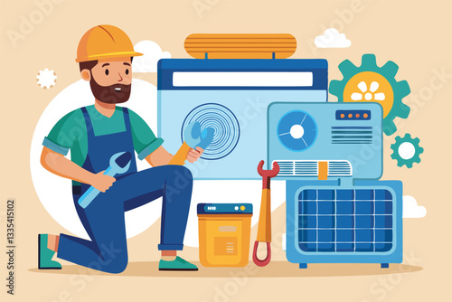 Professional HVAC technician repairing air conditioning unit in a service environment with tools and equipment around him