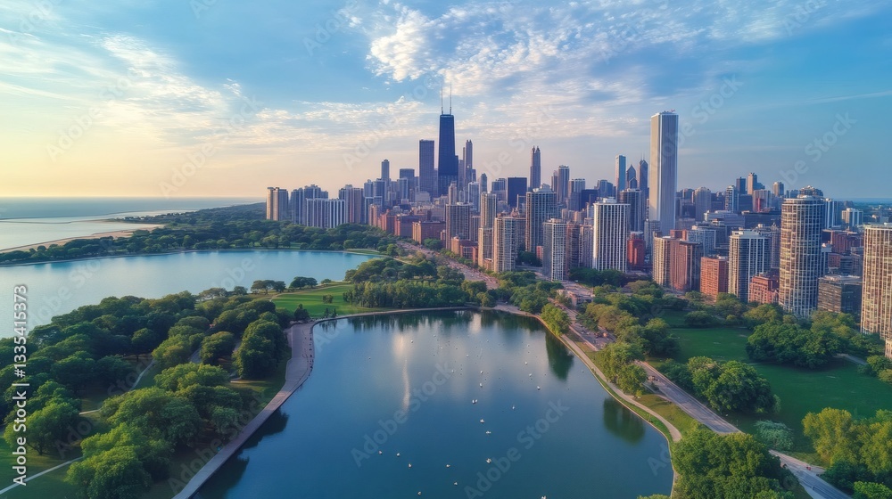 Fototapeta premium Aerial view showing city skyline and green landscape beside water