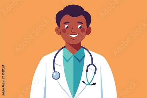 Vector illustration of a smiling female doctor in a white coat with a stethoscope on a blue background representing healthcare and professionalism
