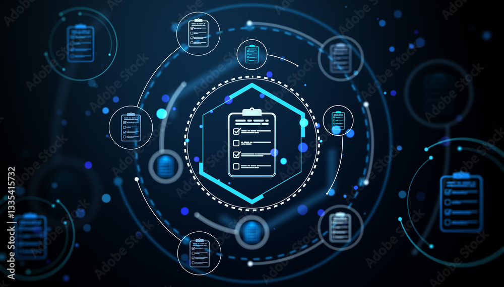 Digital document management system with checklist icons in a futuristic interface. 3D Rendering Digital document management system with checklist icons in a futuristic interface. 3D Rendering