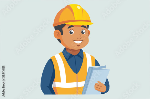 Skilled worker in hard hat and safety vest reviewing blueprints at construction site during daytime