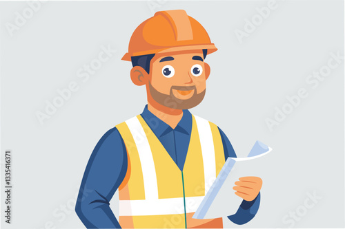 Skilled worker in hard hat and safety vest reviewing blueprints at construction site during daytime