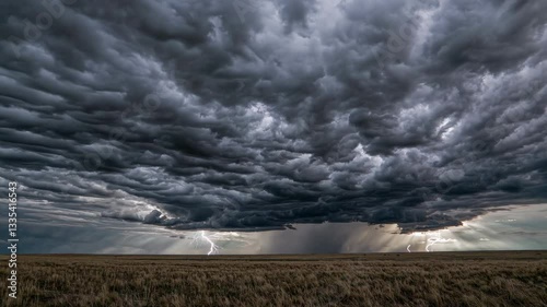 Dramatic storm clouds with lightning over vast field show dynamic weather patterns