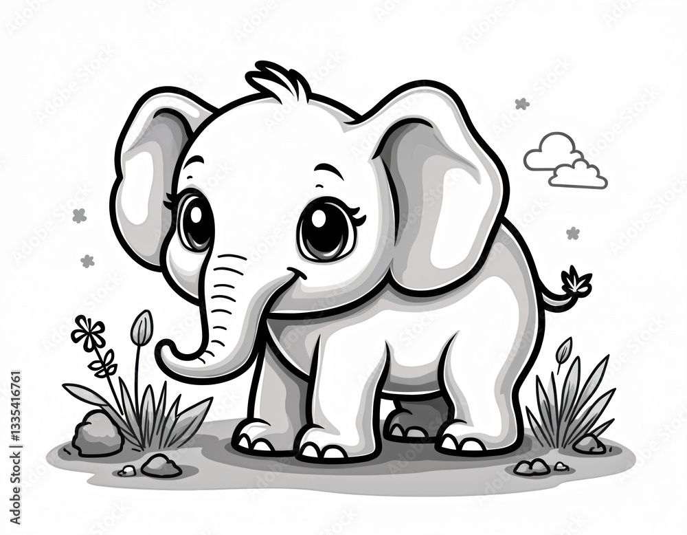 Naklejka premium Black and white line illustration of cute baby elephant with flowers. The drawing is intended for coloring books and features cartoon animals. Perfect for kids creativity and learning.