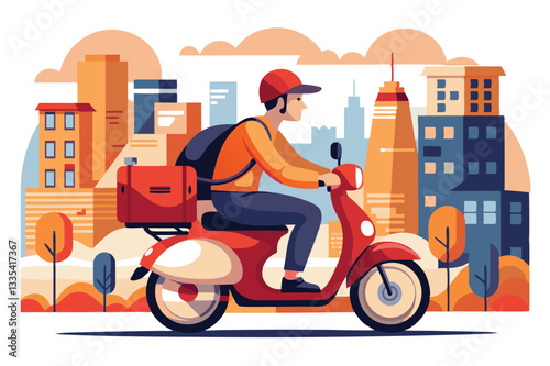 Delivery rider on a scooter navigating through an urban cityscape filled with tall buildings during daytime