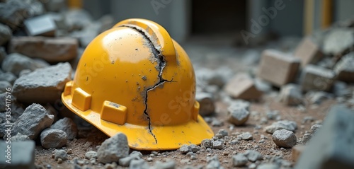 Damaged yellow hard hat lies among ruins. Cracked helmet danger accident at construction site. Safety violation, hazard at demolition area, crumbling building. Concept of workplace injury.