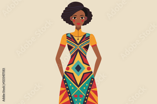 Stylish woman in a colorful patterned dress showcasing vibrant African-inspired design and artistic expression during a fashion illustration