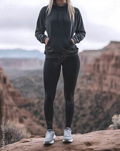 Woman Standing on Cliff in Athletic Wear  
