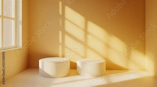 Wallpaper Mural Two white cylindrical displays in a sunlit yellow room. Torontodigital.ca