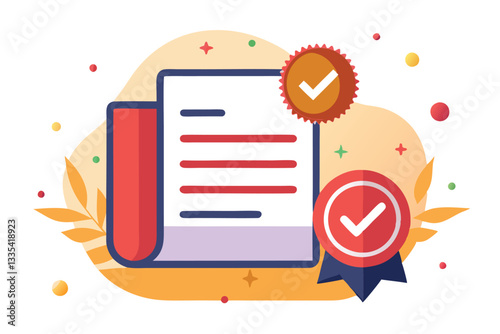 Creative logo design featuring a certificate with check marks and ribbons, symbolizing achievement and success in a minimalist style