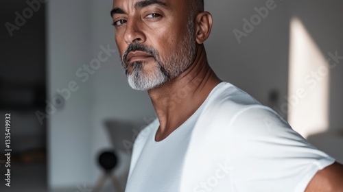 Portrait of a man in his 40s with a mature expression. Well-groomed man with an experienced expression in a modern room.