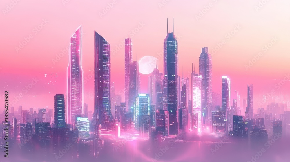 Fototapeta premium Futuristic City Skyline Glowing Against a Pink and Purple Sky