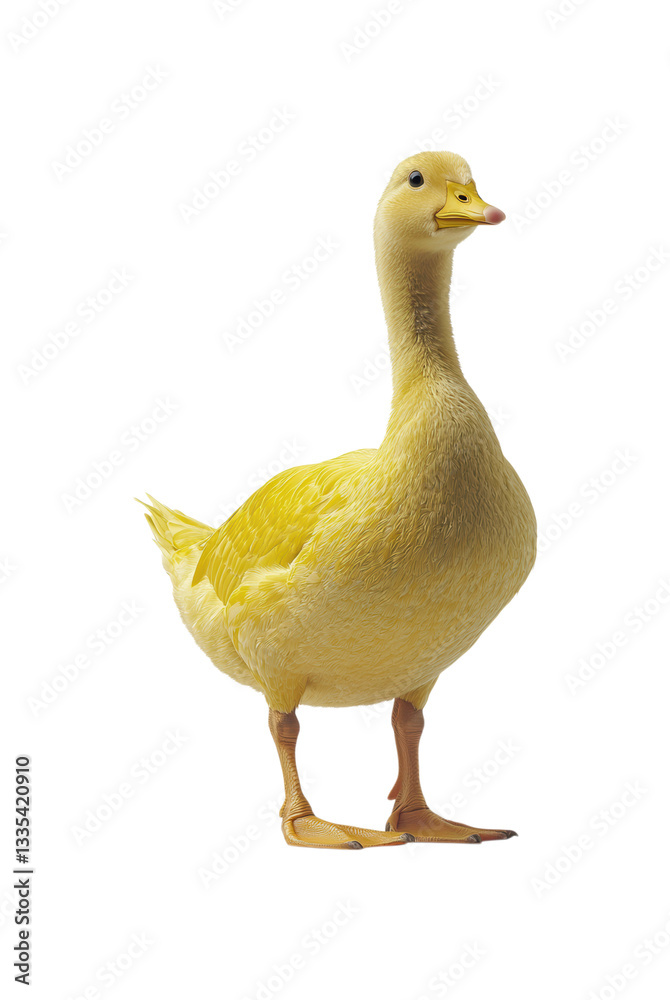 Young Yellow Pekin Duck with Soft Downy Feathers and Orange Beak, Standing Farm Poultry Bird Portrait Isolated on Transparent and White Background Young Yellow Pekin Duck with Soft Downy Feathers and Orange Beak, Standing Farm Poultry Bird Portrait Isolated on Transparent and White Background