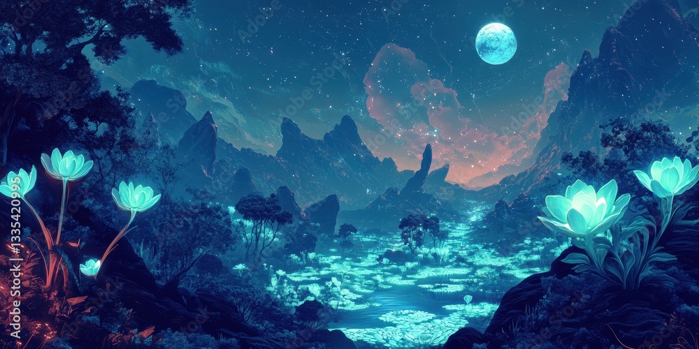 Fototapeta premium A beautiful illuminated fantasy landscape under a starry nighttime sky