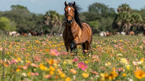 Majestic horse in a field of vibrant flowers