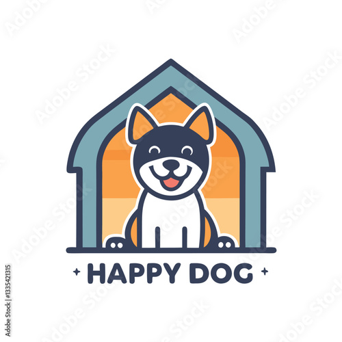 Vector illustration of a cheerful dog logo with a colorful doghouse design representing joy and companionship