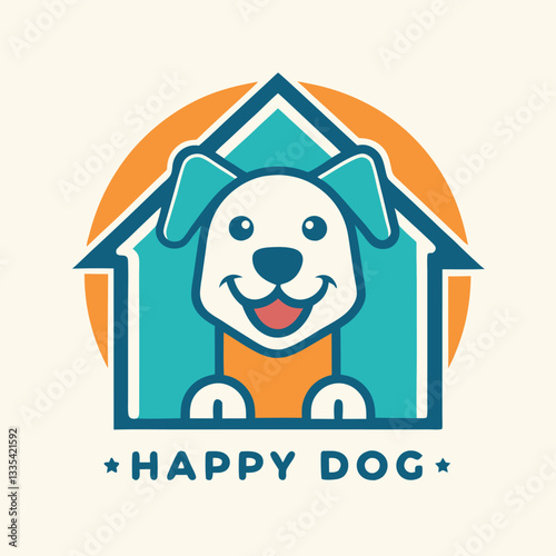 Vector illustration of a cheerful dog logo with a colorful doghouse design representing joy and companionship