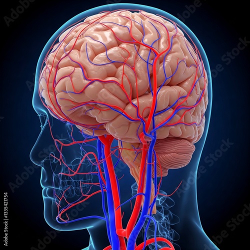 Human brain vasculature, 3D digital illustration