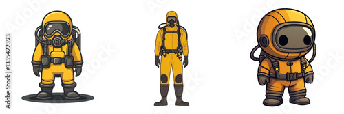 Cartoon figures stand wearing yellow protective suits; isolated against white background isolated on white or transparent