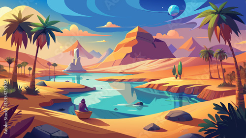 vector of mystical desert oasis with palm trees, crystal-clear water, and a lone traveler resting under the shade of a towering dune.