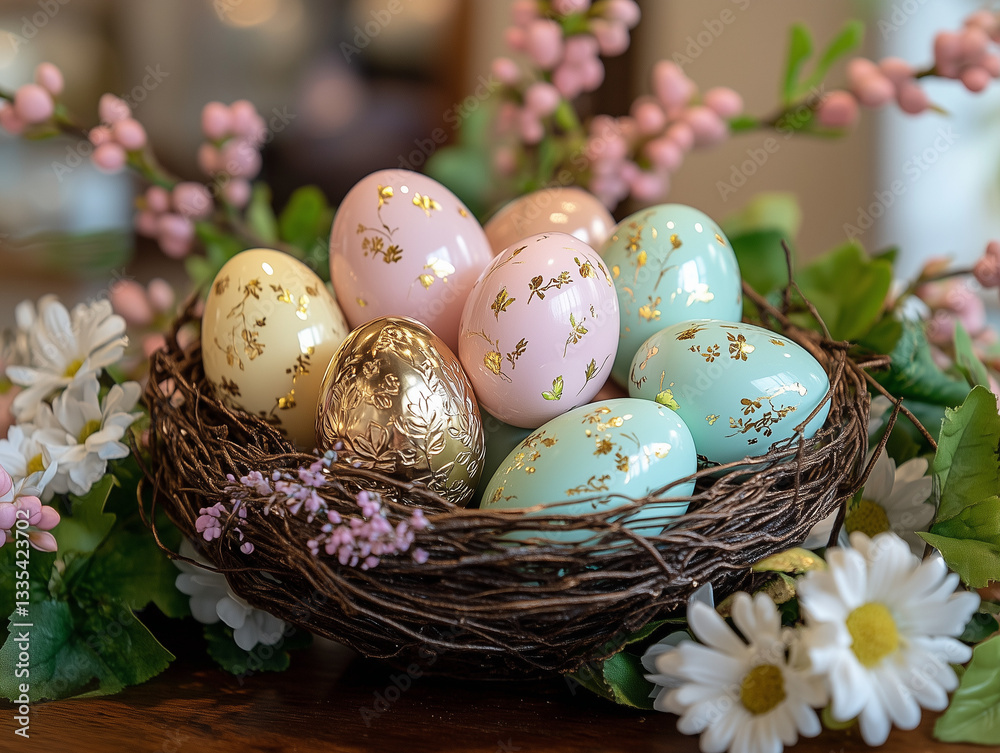 Obraz premium Elegant Easter Nest with Decorated Eggs