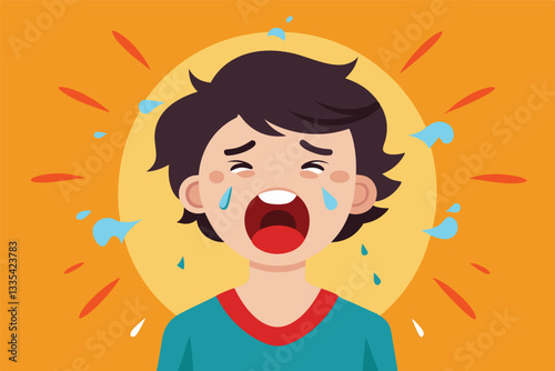 Screaming child with tears in vector illustration, expressing strong emotion against a vibrant background