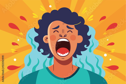 Screaming child with tears in vector illustration, expressing strong emotion against a vibrant background