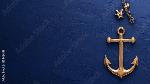 Elegant nautical banner with golden anchor and sea star on deep blue background with space for text. Cruise, yachting, sailing themes