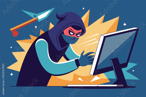 Cybersecurity breach with hacker using computer to access sensitive information while avoiding detection