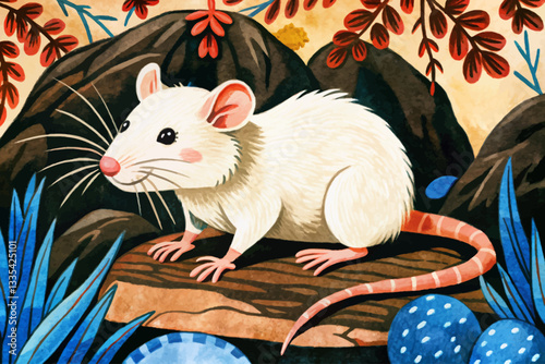 funny albino rat in rocky field abstract