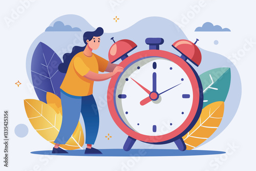 Person adjusting a large alarm clock surrounded by colorful leaves and a bright sky