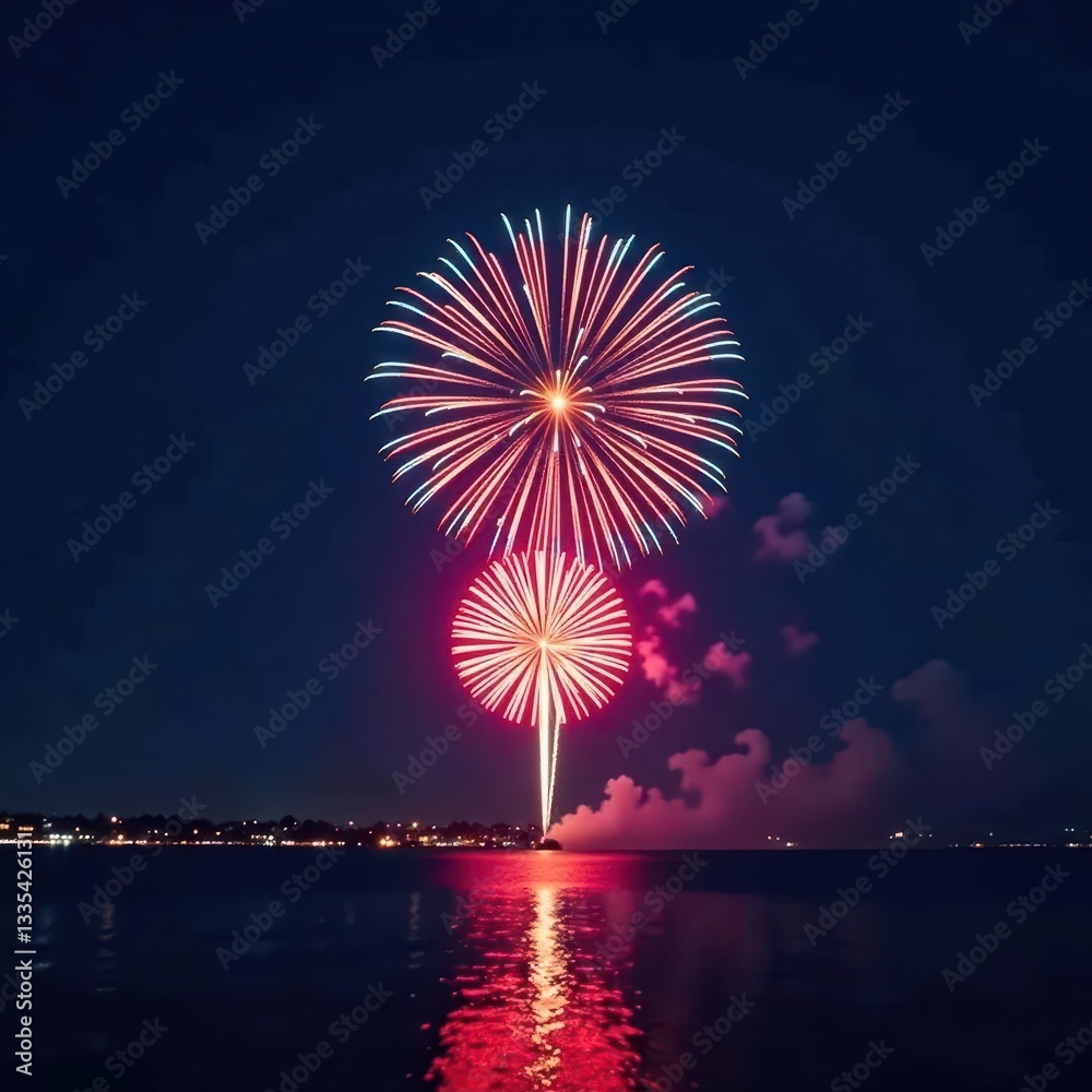 Dramatic firework panorama, deep blue backdrop, star-like bursts , wide, light Dramatic firework panorama, deep blue backdrop, star-like bursts , wide, light